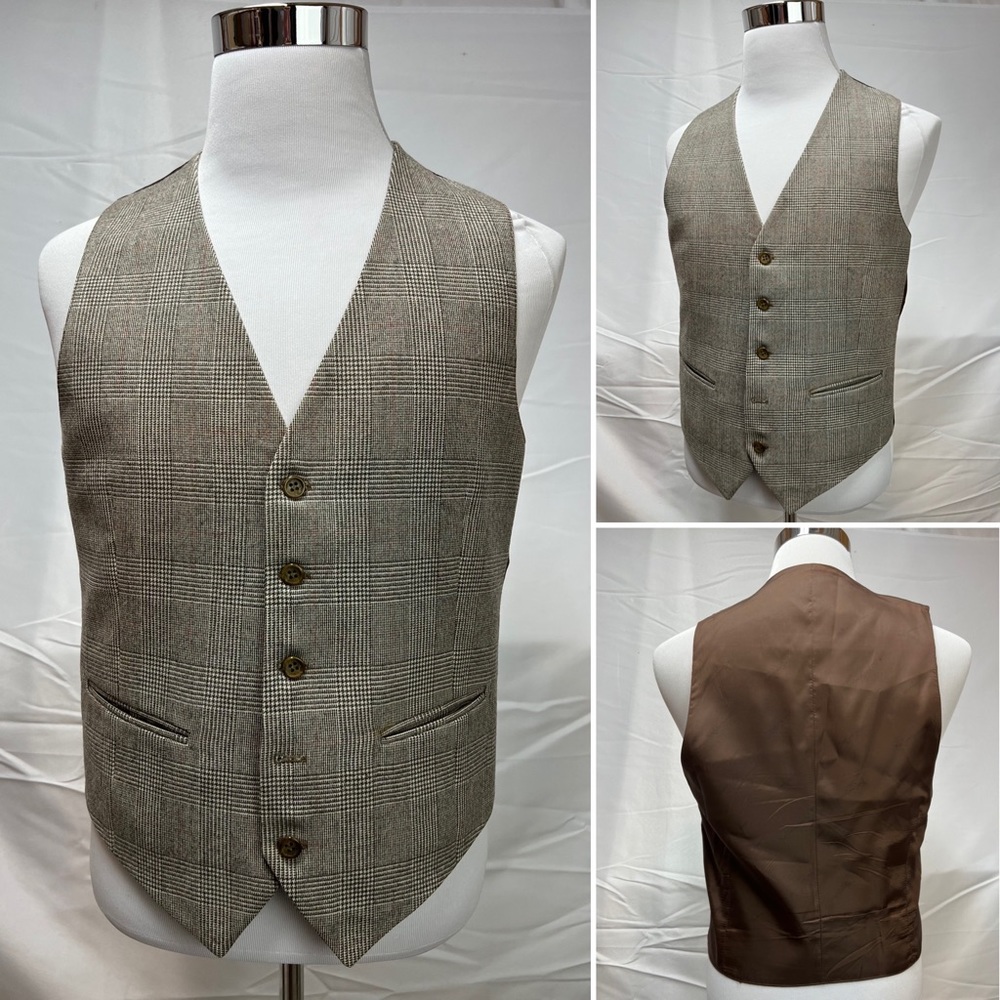 Men's YSL Yves Saint Laurent Houndstooth Plaid Tan Brown Red Vintage Vest Small - Picture 7 of 7